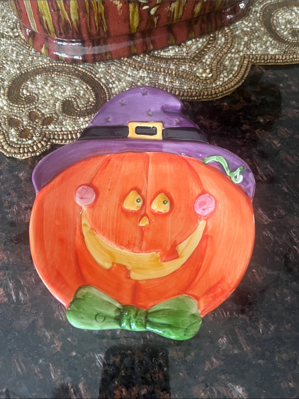 Oxford Hand-Painted Orange Pumpkin Plate with Purple Witch Hat and Green Bow